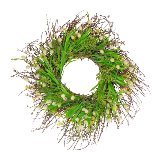 18" Green & Yellow Burrs & Brush Artificial Floral Spring Wreath